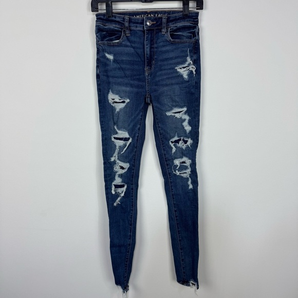 American Eagle Super Hi Rise Jegging Distressed Ripped Skinny Jeans Casual Denim - Picture 1 of 8